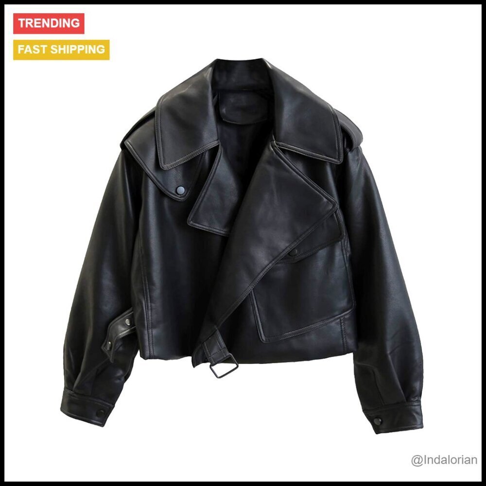 Faux Leather Motor Biker Jacket Oversized Asymmetrical Chic Y2K Retro